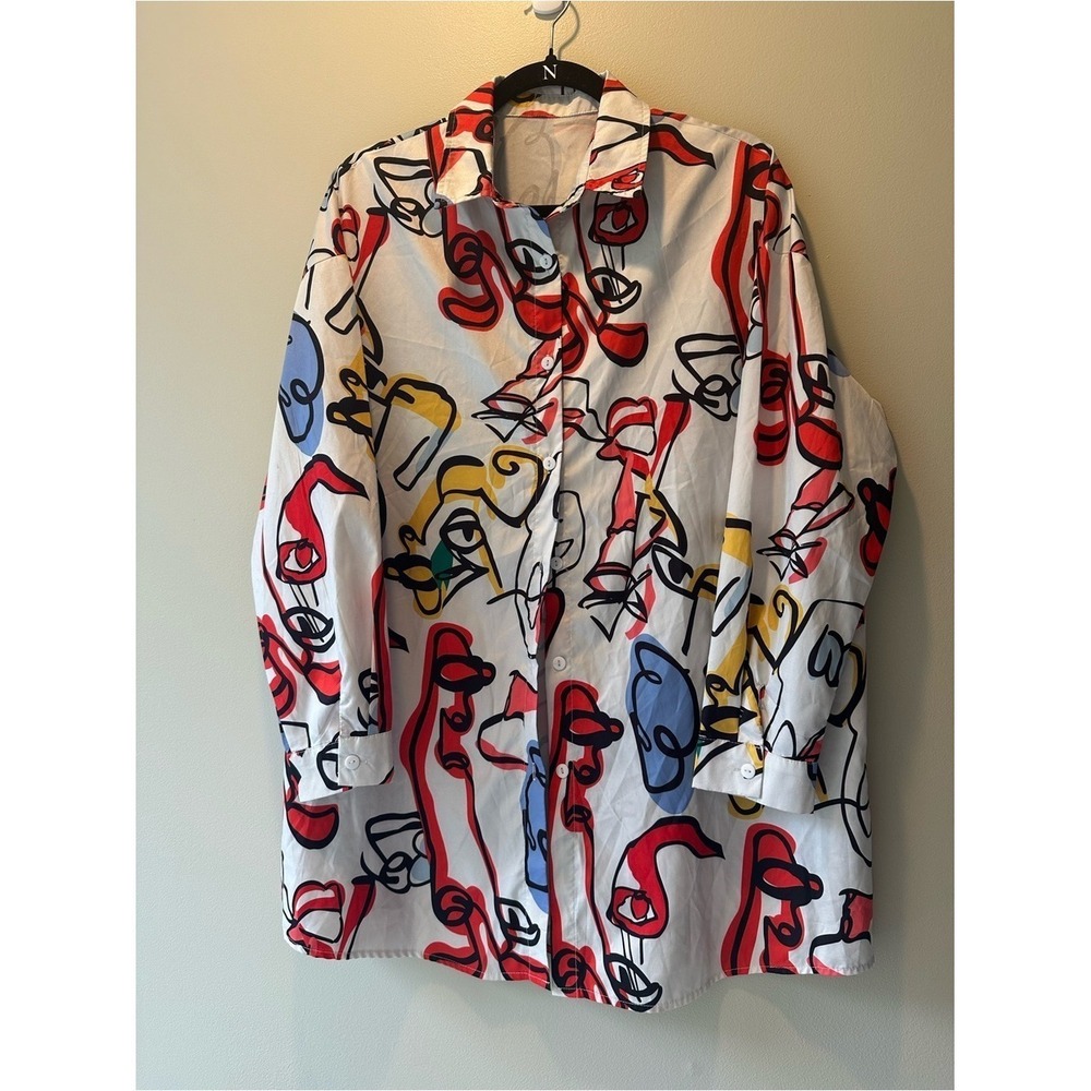 Artsy Abstract Colorful SHEIN Button Up Shirt S White Graphic Art Style